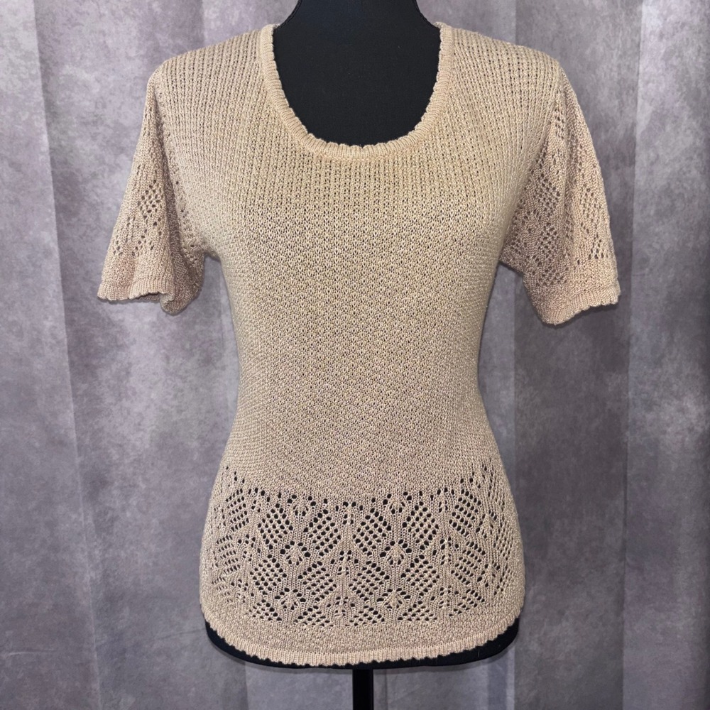 Ballinger Gold Tan Boho Linen Blend Crochet Neutral Women Size Large Top